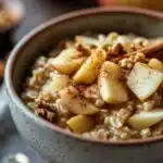 Close-up of apple cake with oats, showcasing a golden crust and moist texture.