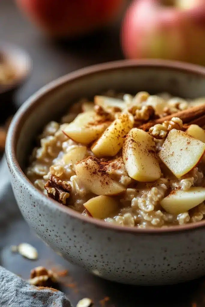 Close-up of apple cake with oats, showcasing a golden crust and moist texture.