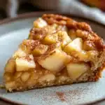 Close-up of a delicious apple cake slice with a golden crust and soft interior.