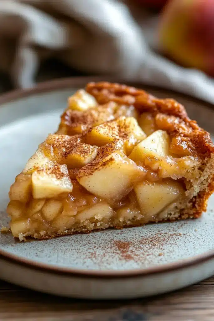 Close-up of a delicious apple cake slice with a golden crust and soft interior.