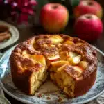 Close-up of apple cake with fresh apples, showcasing warm textures and minimal background.