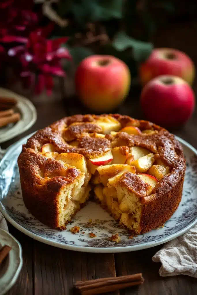 Close-up of apple cake with fresh apples, showcasing warm textures and minimal background.