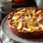 Close-up of a freshly baked apple cake with slices of fresh apples on top.