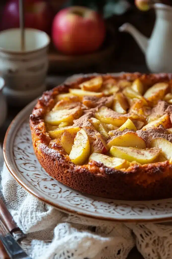 Close-up of a freshly baked apple cake with slices of fresh apples on top.
