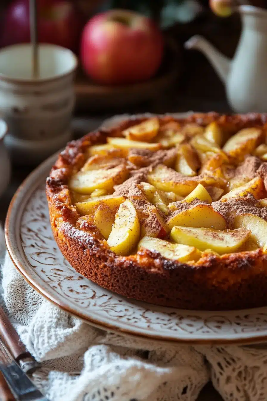 Close-up of a freshly baked apple cake with slices of fresh apples on top.