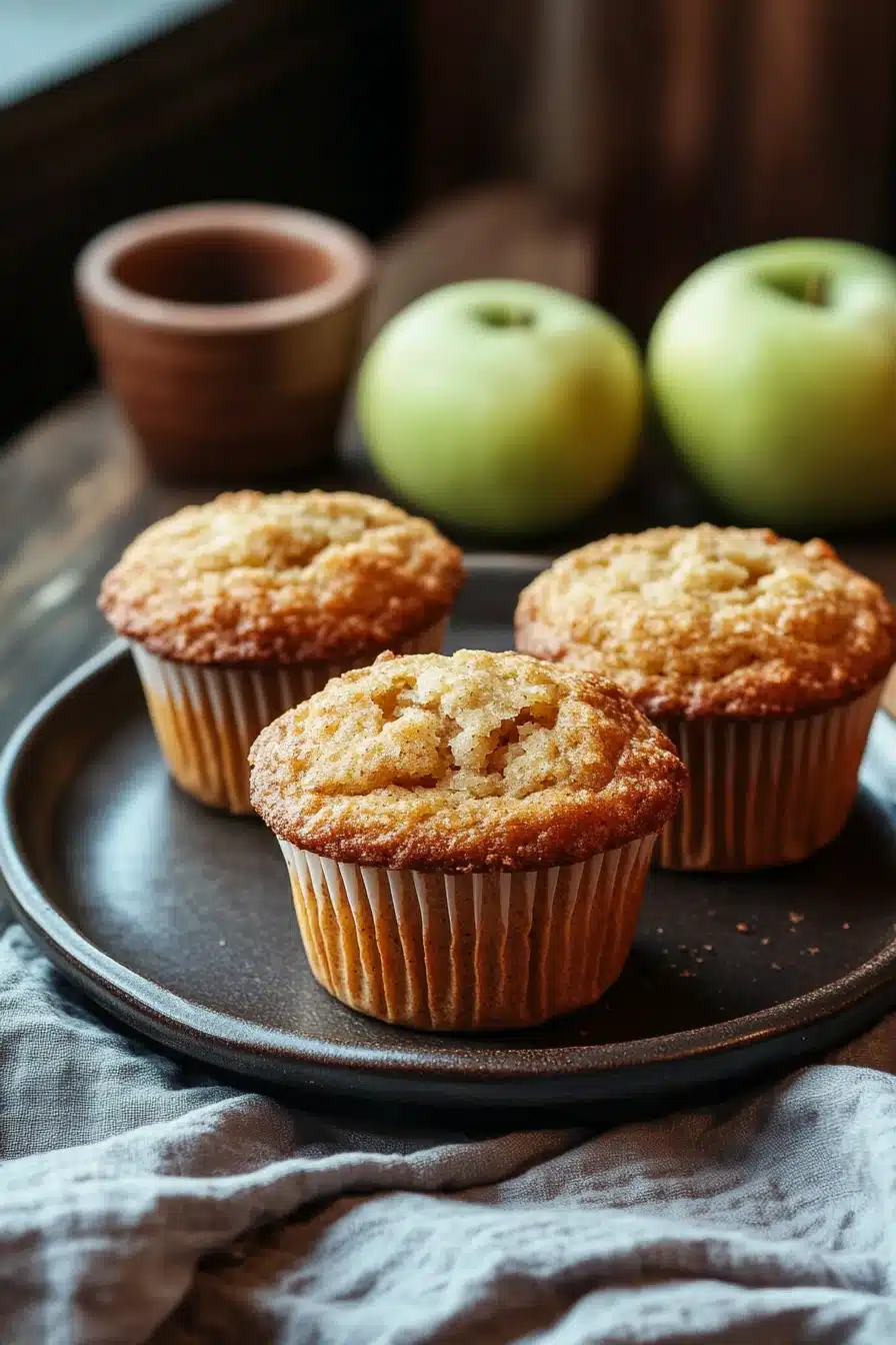 Close-up of apple muffin with fresh apples, showcasing appetizing textures and warm lighting.