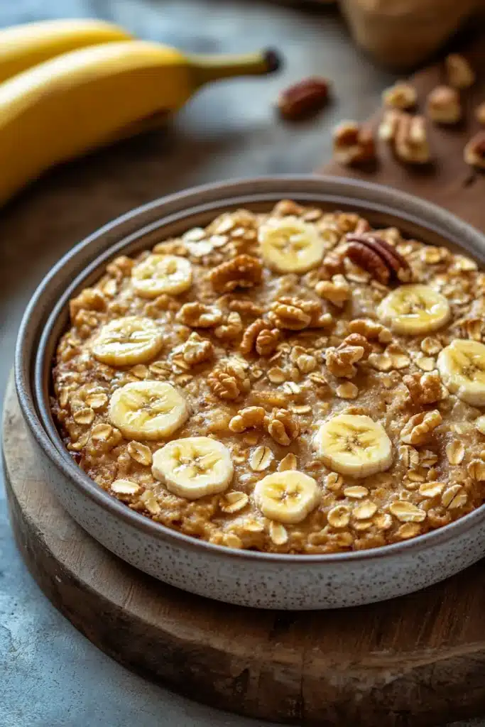 Close-up of banana bread baked oatmeal with a golden crust and minimal background.