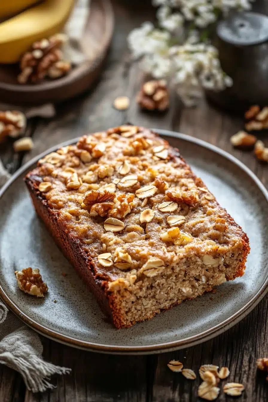 Close-up of banana bread baked oatmeal with a golden crust and warm lighting.