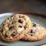 Close-up of banana bread chocolate chip cookies on a clean surface with warm lighting.