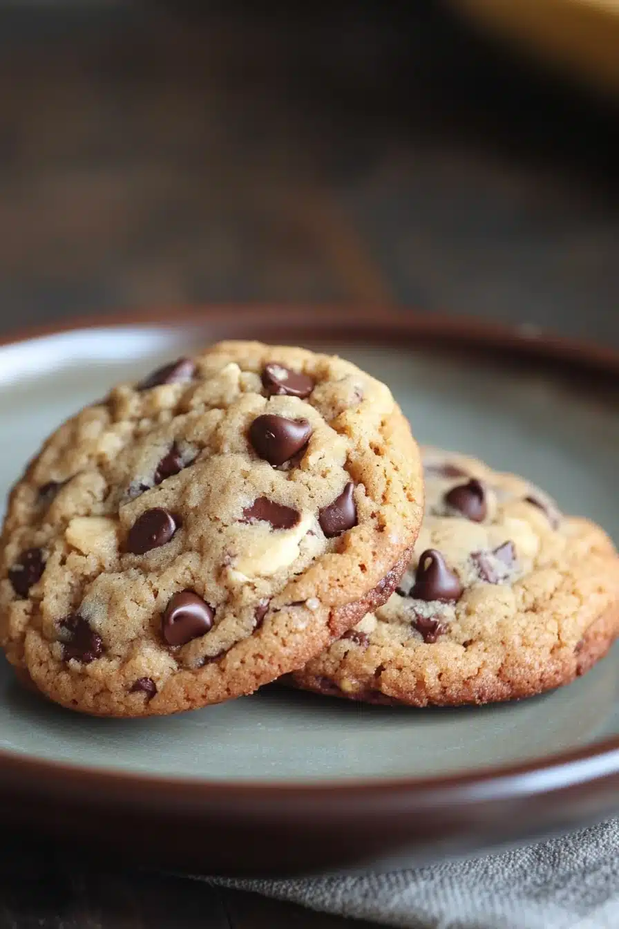 Close-up of banana bread chocolate chip cookies on a clean surface with warm lighting.