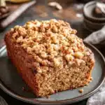 Close-up of banana bread coffee cake with a crumbly top and warm lighting