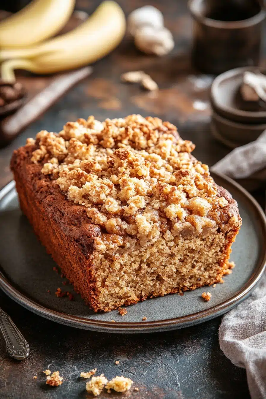 Close-up of banana bread coffee cake with a crumbly top and warm lighting