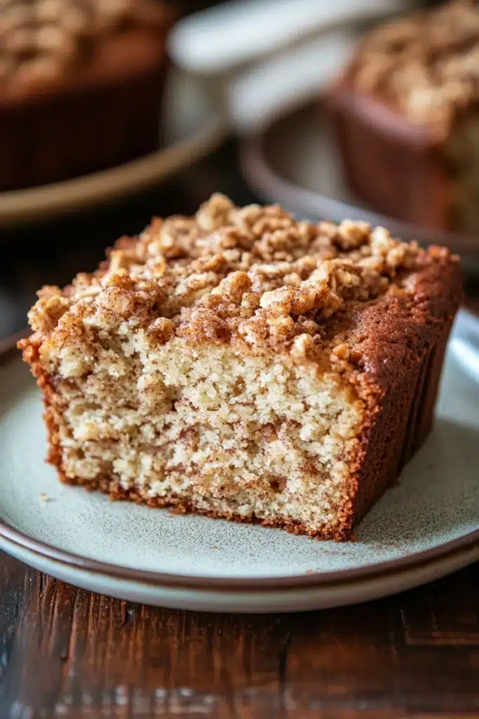 Close-up of banana bread coffee cake with a crumbly topping on a white plate.