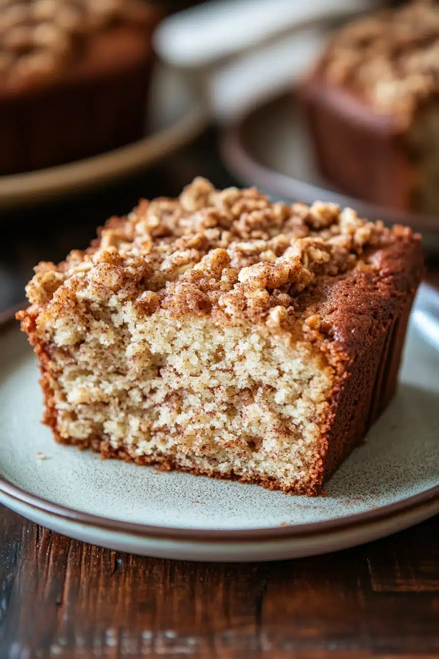 Close-up of banana bread coffee cake with a crumbly topping on a white plate.
