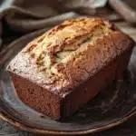 Close-up of freshly baked banana bread slices on a wooden board.