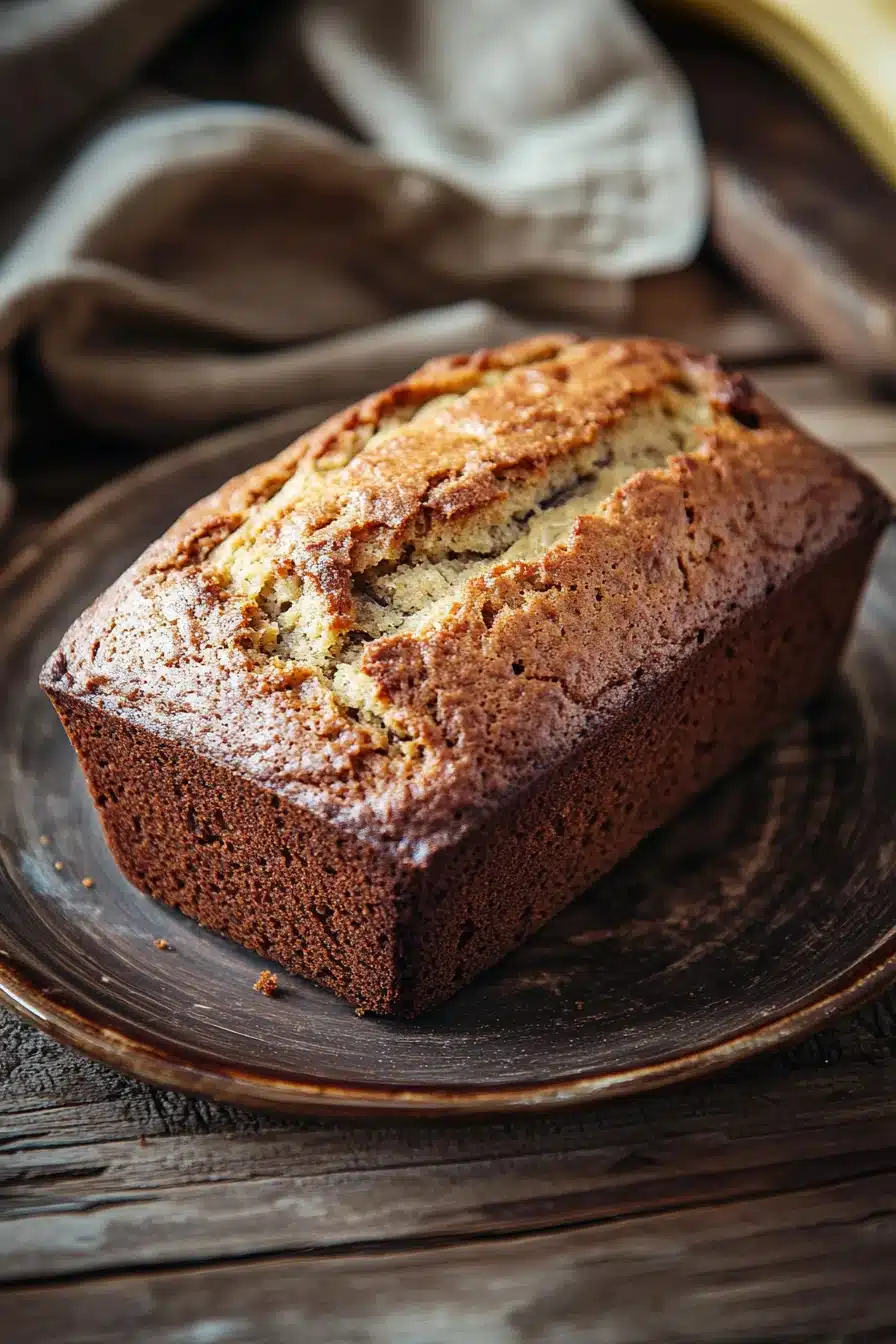 Close-up of freshly baked banana bread slices on a wooden board.