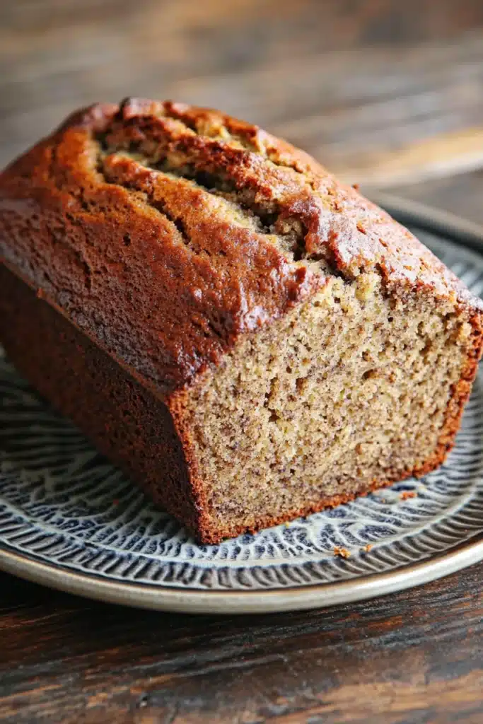 Close-up of freshly baked banana bread on a wooden board with a clean background.