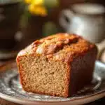Close-up of sliced banana bread without eggs on a wooden board