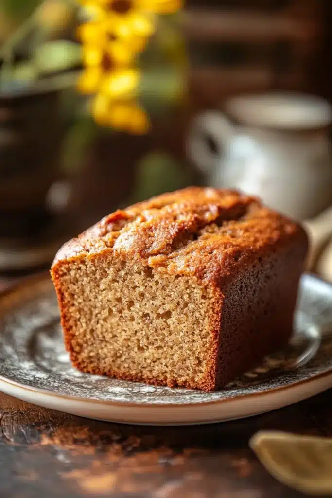 Close-up of sliced banana bread without eggs on a wooden board