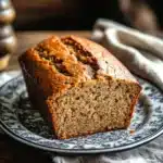 Close-up of freshly baked banana bread slices on a wooden board.