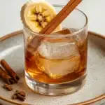 Close-up of a banana bread old fashioned cocktail with a slice of banana garnish
