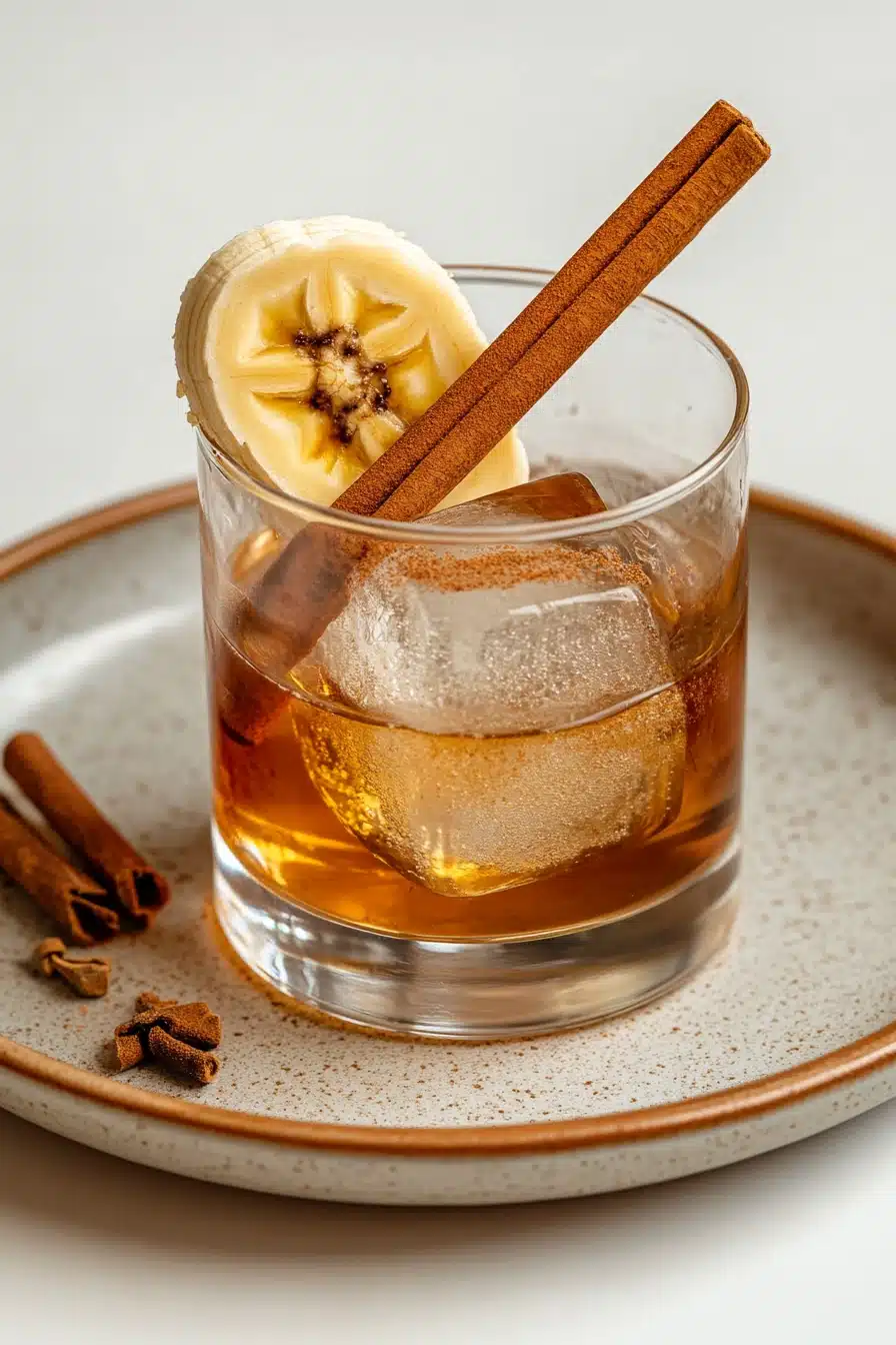 Close-up of a banana bread old fashioned cocktail with a slice of banana garnish