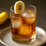 Close-up of a banana bread old fashioned cocktail with a slice of banana and cinnamon stick garnish.