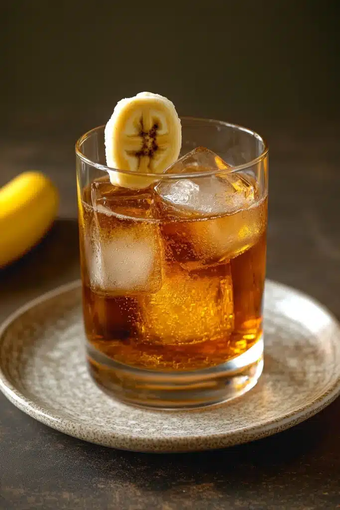 Close-up of a banana bread old fashioned cocktail with a slice of banana and cinnamon stick garnish.