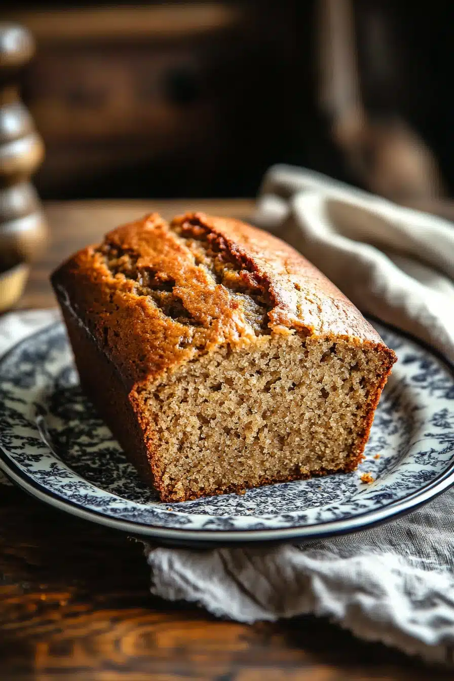 Close-up of freshly baked banana bread slices on a wooden board.