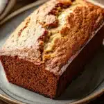 Close-up of freshly baked banana bread with two bananas on a wooden board