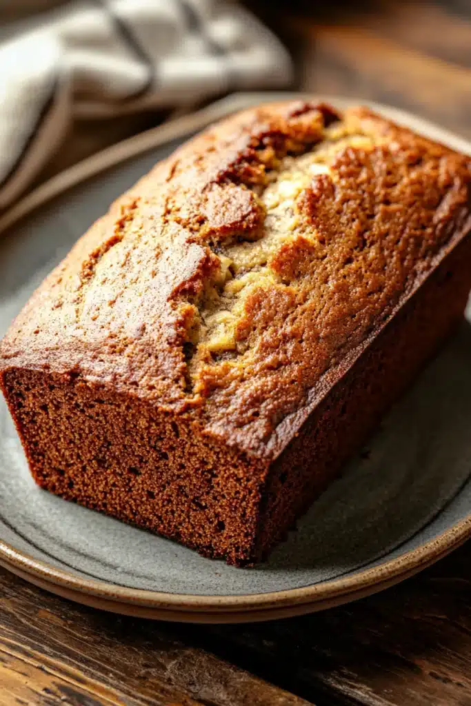 Close-up of freshly baked banana bread with two bananas on a wooden board