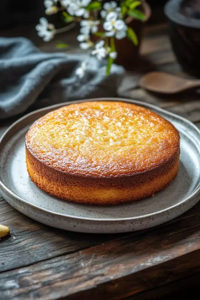 Close-up of a beautifully styled banana cake with a Korean aesthetic, showcasing its texture and color.