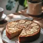 Close-up of a banana cake with a Korean aesthetic, featuring a clean and minimal background.