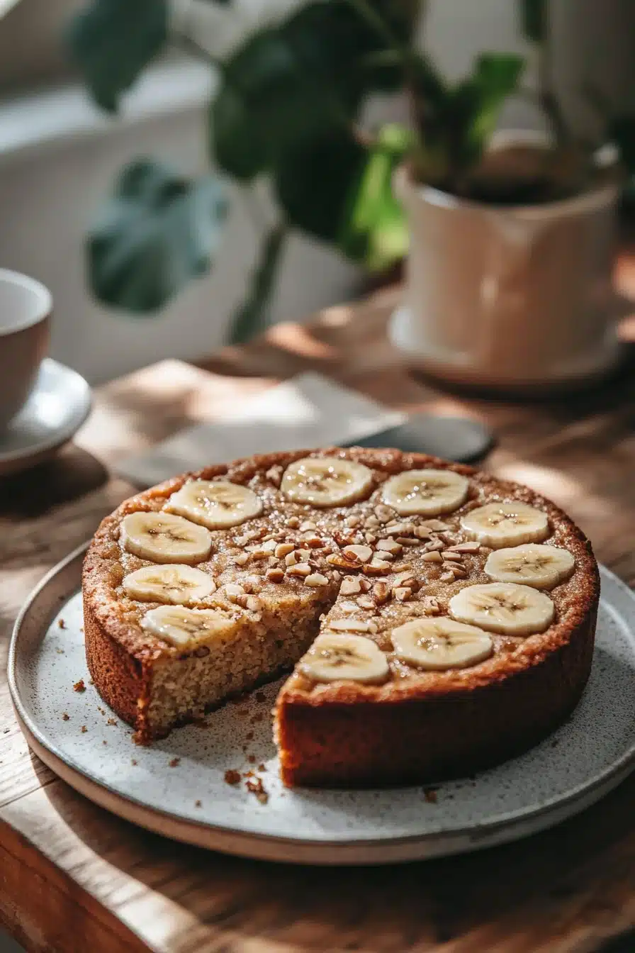 Close-up of a banana cake with a Korean aesthetic, featuring a clean and minimal background.