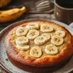 Close-up of a banana cake with a clean background, showcasing its texture and golden color.