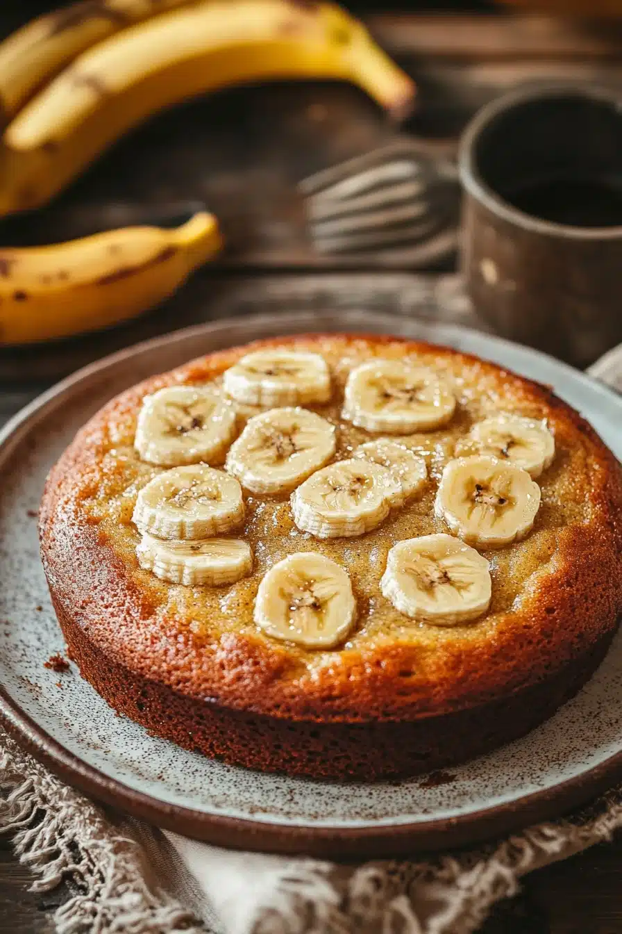 Close-up of a banana cake with a clean background, showcasing its texture and golden color.