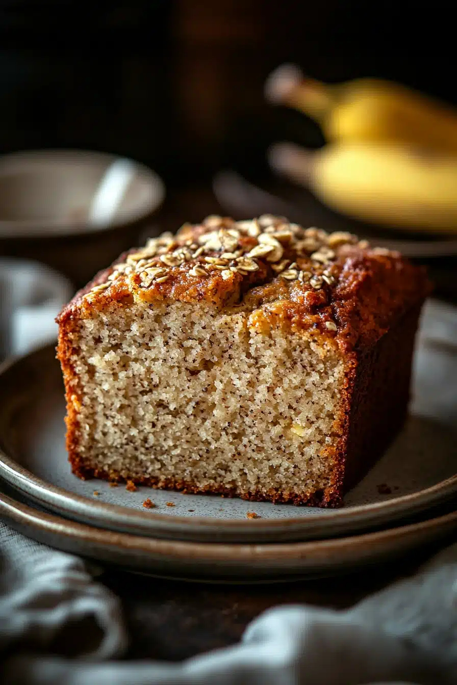 Close-up of a banana cake with a golden crust on a minimal background.