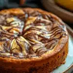 Close-up of banana cake with Nutella spread, showcasing rich textures and warm tones.