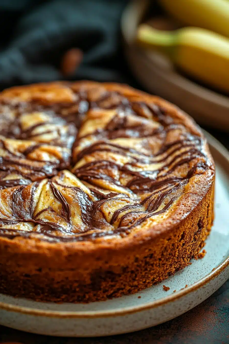 Close-up of banana cake with Nutella spread, showcasing rich textures and warm tones.