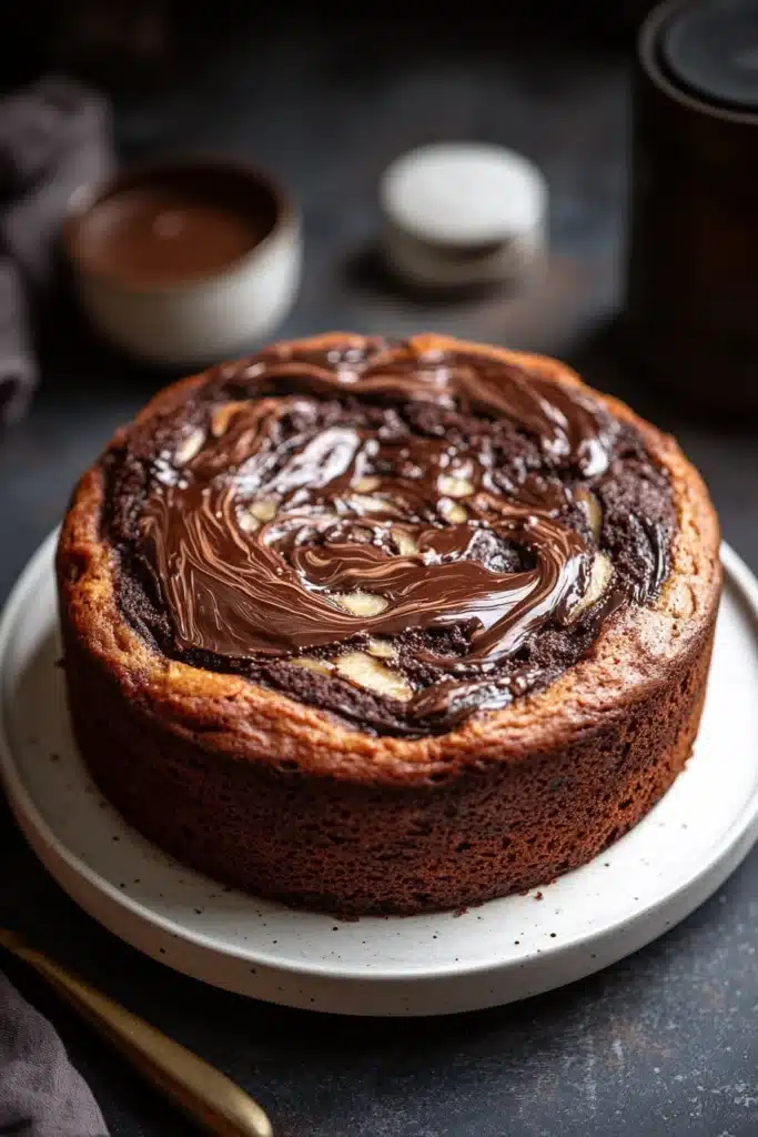 Close-up of banana cake with Nutella spread, showcasing rich textures and warm tones.