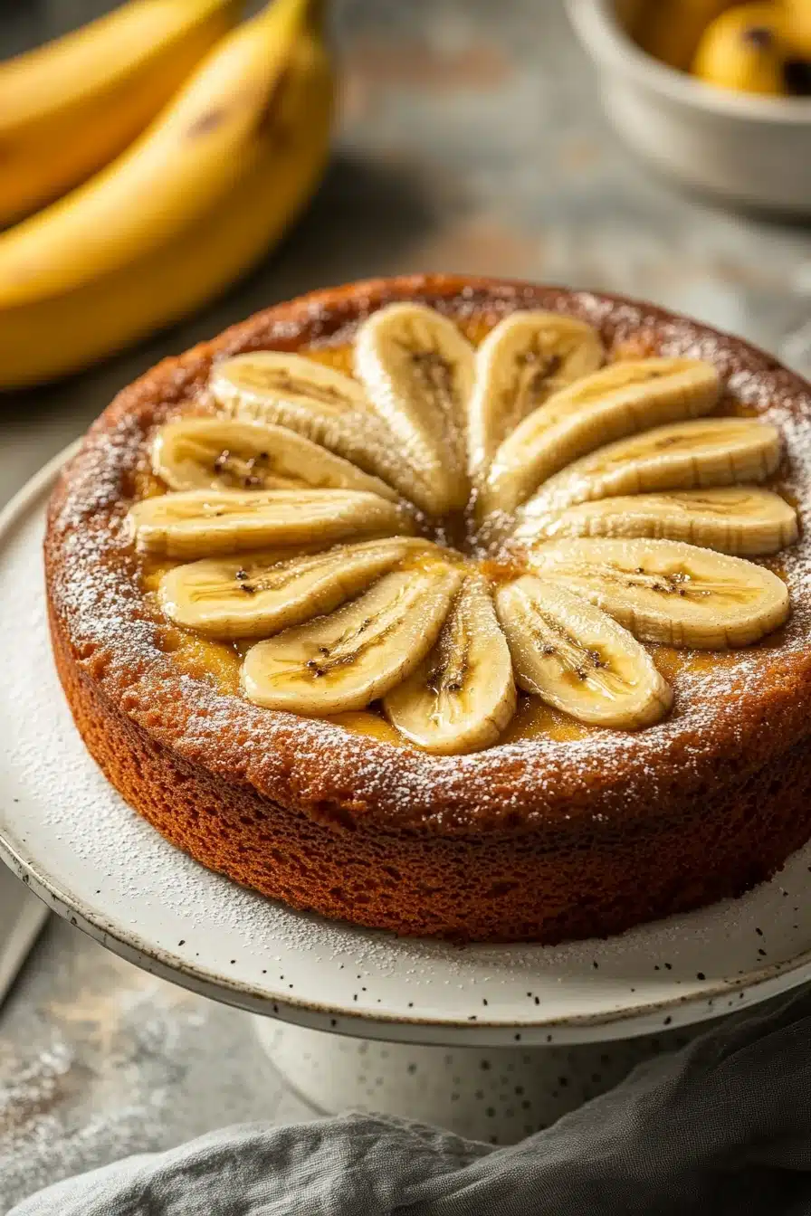 Close-up of a banana cake slice on a white plate with a clean background