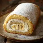 Close-up of a banana cake roll with a creamy filling and a light dusting of powdered sugar.