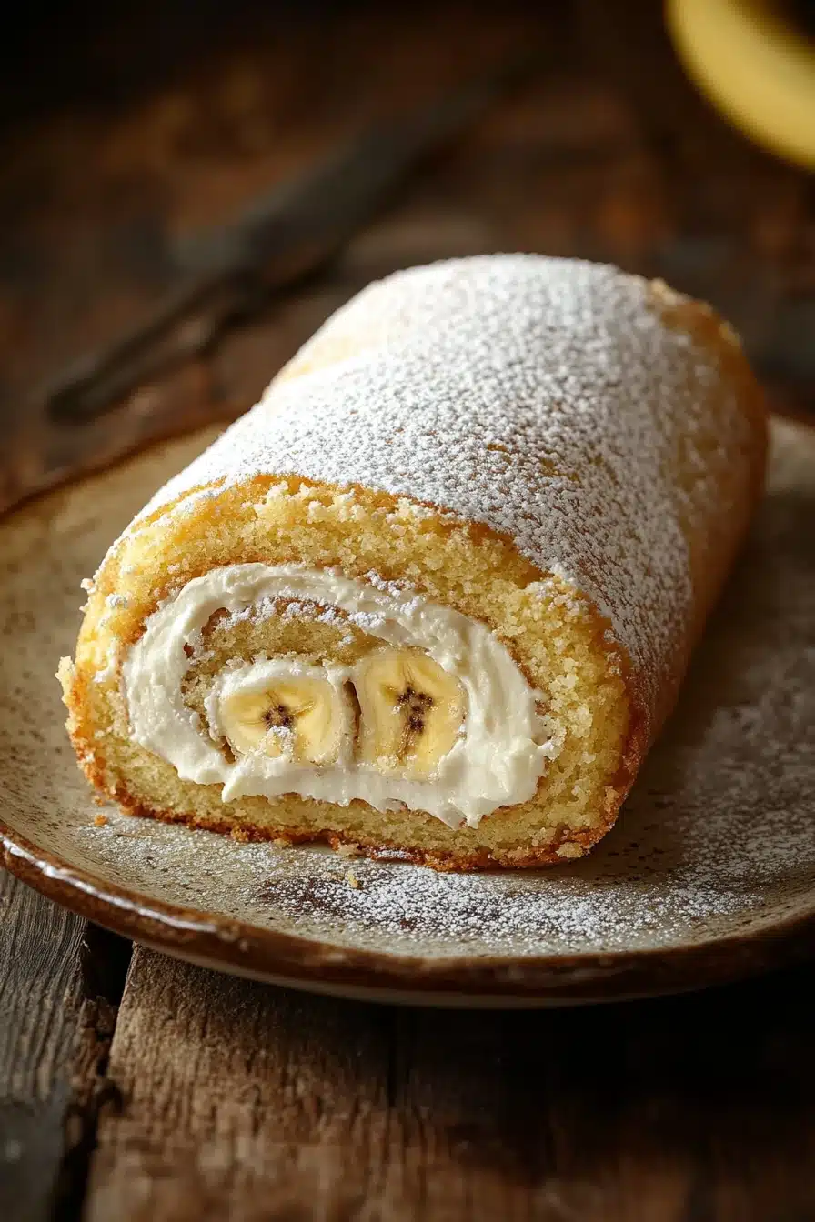 Close-up of a banana cake roll with a creamy filling and a light dusting of powdered sugar.