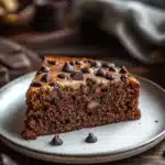 Close-up of banana cake with chocolate on a clean background, showcasing rich textures and warm lighting.