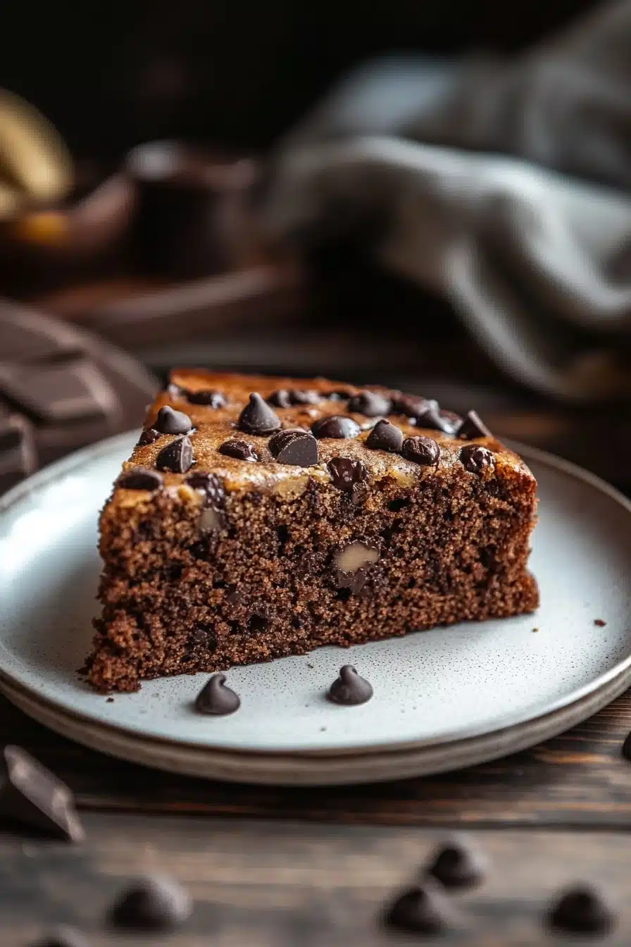 Close-up of banana cake with chocolate on a clean background, showcasing rich textures and warm lighting.