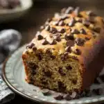 Close-up of banana cake with chocolate on a plate, highlighting rich textures and warm colors.
