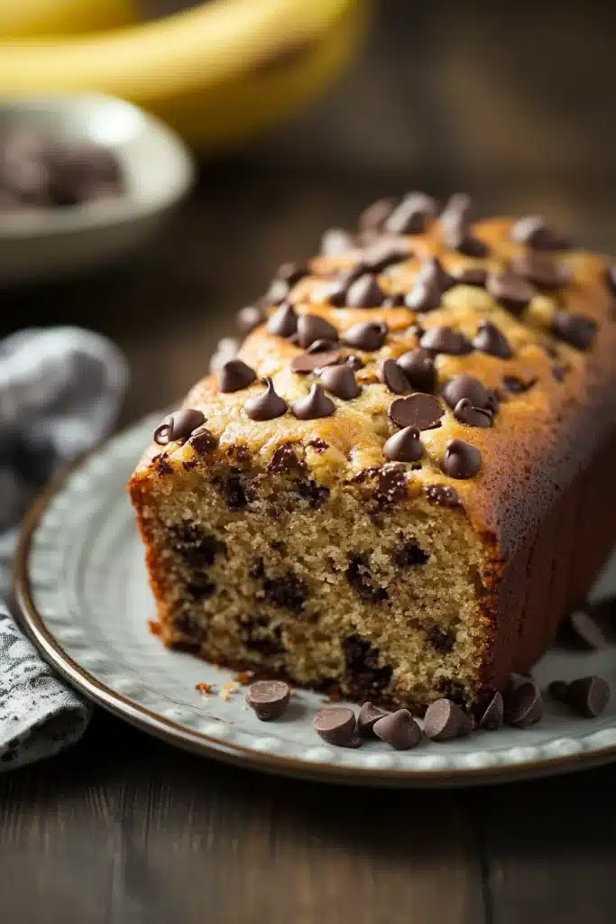 Close-up of banana cake with chocolate on a plate, highlighting rich textures and warm colors.