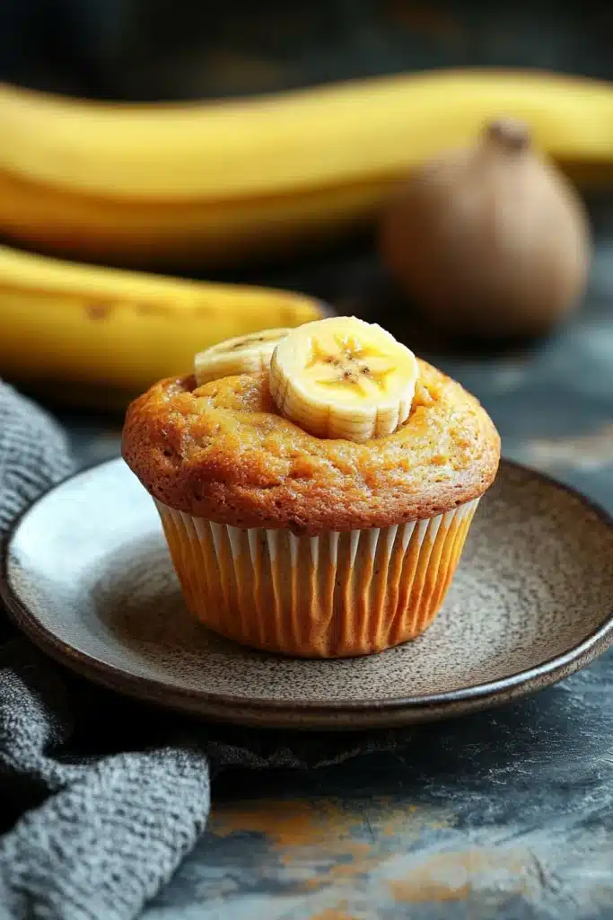 Close-up of freshly baked banana muffins on a wooden surface.