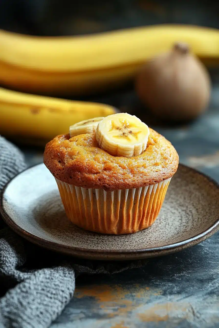 Close-up of freshly baked banana muffins on a wooden surface.