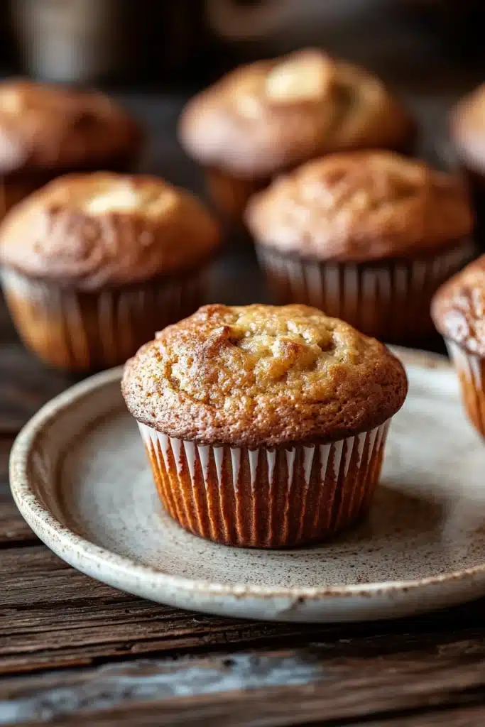 Close-up of delicious banana muffins with a golden brown top, perfect for breakfast or a snack.